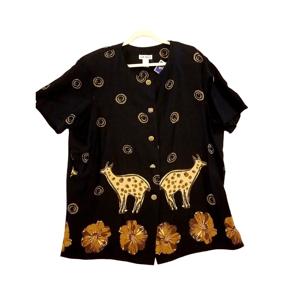Vintage Womens Top Blouse Plus Size 22W Black Animal Print Short Sleeve Button